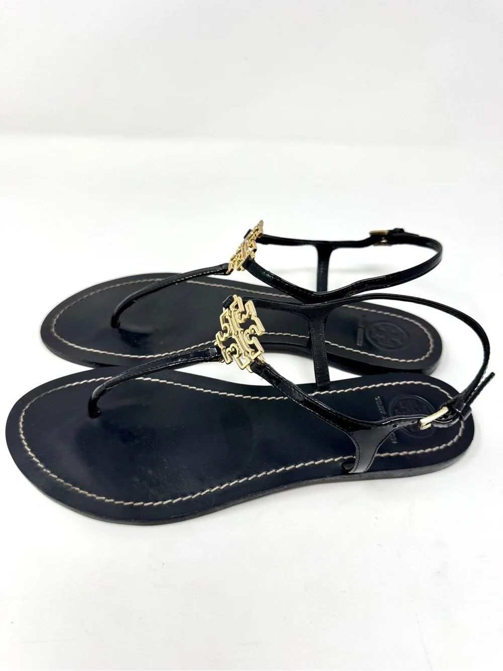 Tory Burch Capri Strap Sandal Black Leather with Gold Logo Accent